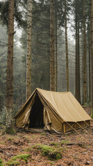 A solitary army tent nestled amidst a misty, ethereal forest, its canvas taut against the quiet wilderness.