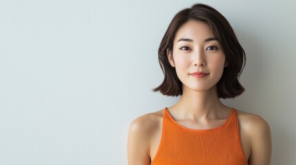 Obraz premium A Japanese woman in an orange tank top poses for a photograph, set against a white background in a studio portrait. She has a brown bob hairstyle, and the close-up, 