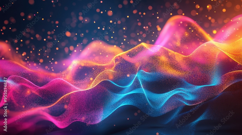 Poster abstract 3d particles with dynamic movement and colorful gradients, offering a vibrant and energetic
