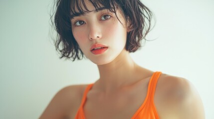 Fototapeta premium A Japanese woman in an orange tank top poses for a photograph, set against a white background in a studio portrait. She has a brown bob hairstyle, and the close-up, 