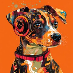 Energetic DJ French Bulldog: Vibrant Orange Background for Pet Party Concept. AI-Generated Creative Illustration for Nightclubs, Music Events, Pet Website Banners, Postcards, NFT Art, and Marketing Ca