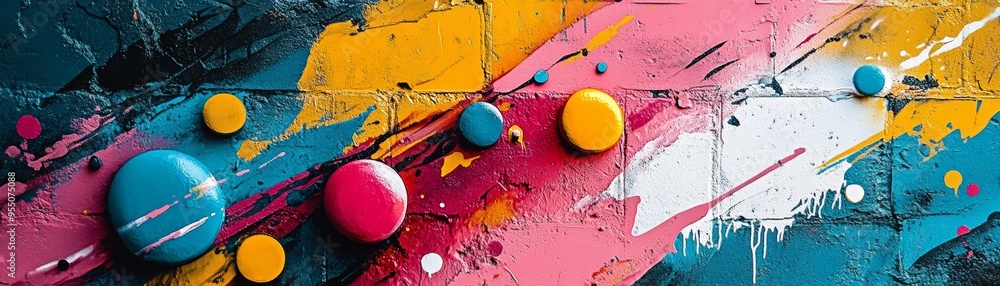 Poster abstract art with colorful paint blobs on a textured background, creating a vibrant and dynamic visu