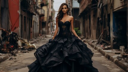 Beautiful retro sexy fashion model. lady walks down old city street. Neural network ai generated art
