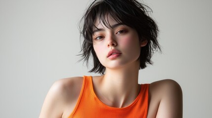 A Japanese woman in an orange tank top poses for a photograph, set against a white background in a studio portrait. She has a brown bob hairstyle, and the close-up, 