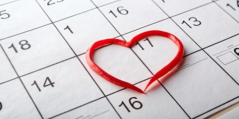 Close-Up Of A February Calendar Page With A Focus On The 14Th Day And A Heart Drawn Around It In Red Marker.
