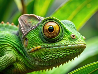 Obraz premium Close-Up Of A Green Chameleon With Bumpy Skin And Large, Bulging Eyes Perched On A Leaf