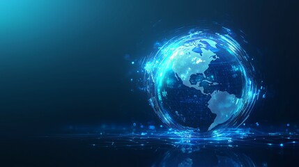 Fototapeta premium Digital representation of Earth with glowing blue outlines illustrating continents and oceans against a dark background