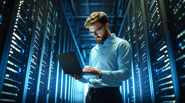 Futuristic concept: a worker in a large data center uses a laptop standing in a warehouse, information digitization lines transmitted through servers. SAAS, cloud computing, web service.