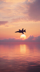 Obraz premium A Solitary Fighter Jet Cuts Through the Fiery Hues of a Sunset Over the Calm Ocean.