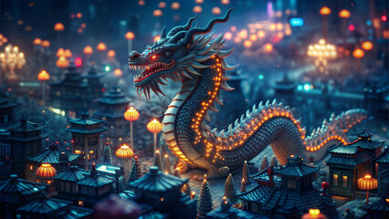 Fototapeta premium Luminous dragon statue guarding futuristic cityscape with neon lights at night 