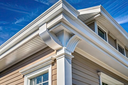 Close-up of a newly installed soffit and fascia system on a modern house, showcasing clean lines, crisp white trim, and a flawless vinyl exterior finish.