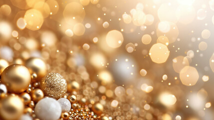 Festive abstract image featuring golden and white baubles with a soft bokeh effect, creating a warm and luxurious atmosphere perfect for holiday themes.