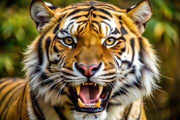 Naklejka premium Close-up of a tiger's powerful jaws, showcasing razor-sharp, yellow-tinged teeth, with a subtle hint of whiskers and a warm, golden-brown fur background.