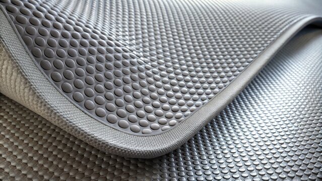 CLOSE-UP OF FLEXIBLE RUBBER SHEET WITH TEXTURED SURFACE, DIMPLES AND LINES, IN NEUTRAL GREY AND WHITE COLORS, WITH A SLIGHTLY REFLECTIVE FINISH.