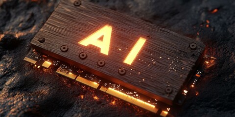 AI glowing on wooden circuit board.
