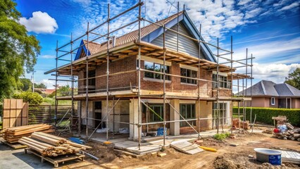 Close-Up Shot Of A Fibro House Undergoing A Simple Renovation With Scaffolding And Building Materials Scattered Around