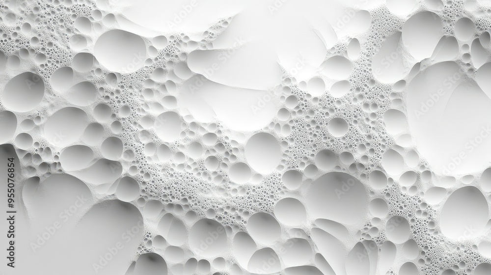 Poster white background with abstract patterns and textures, adding dimension and complexity.