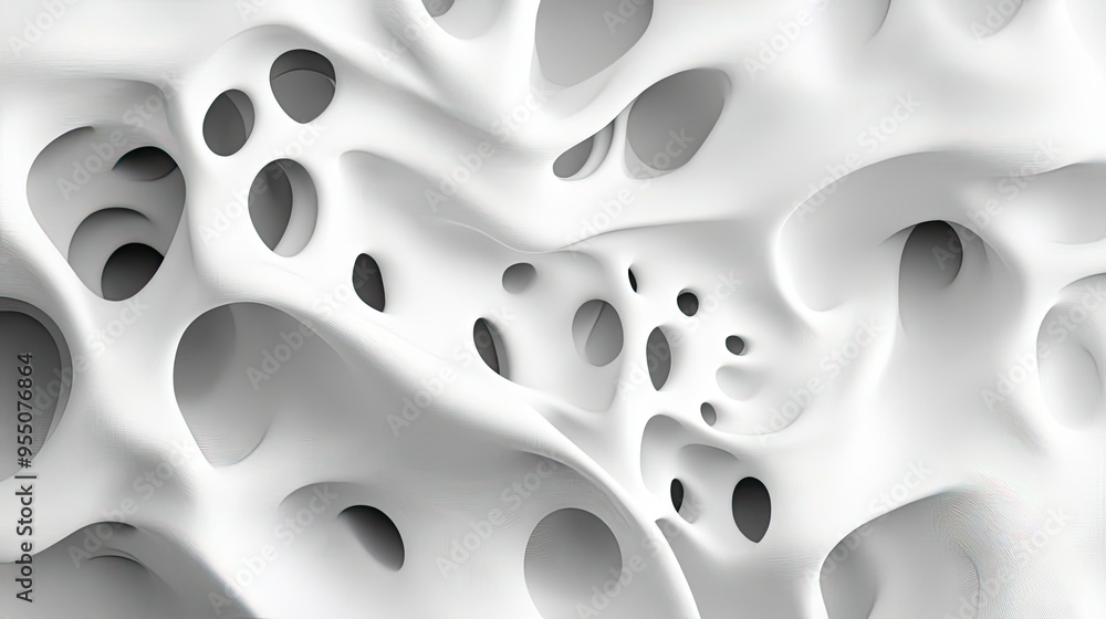 Poster white background with abstract patterns and textures, adding dimension and complexity.