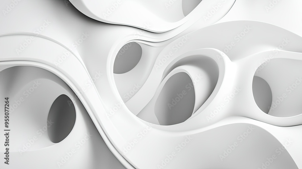 Poster abstract white background with a mix of geometric shapes and flowing forms, creating balance.