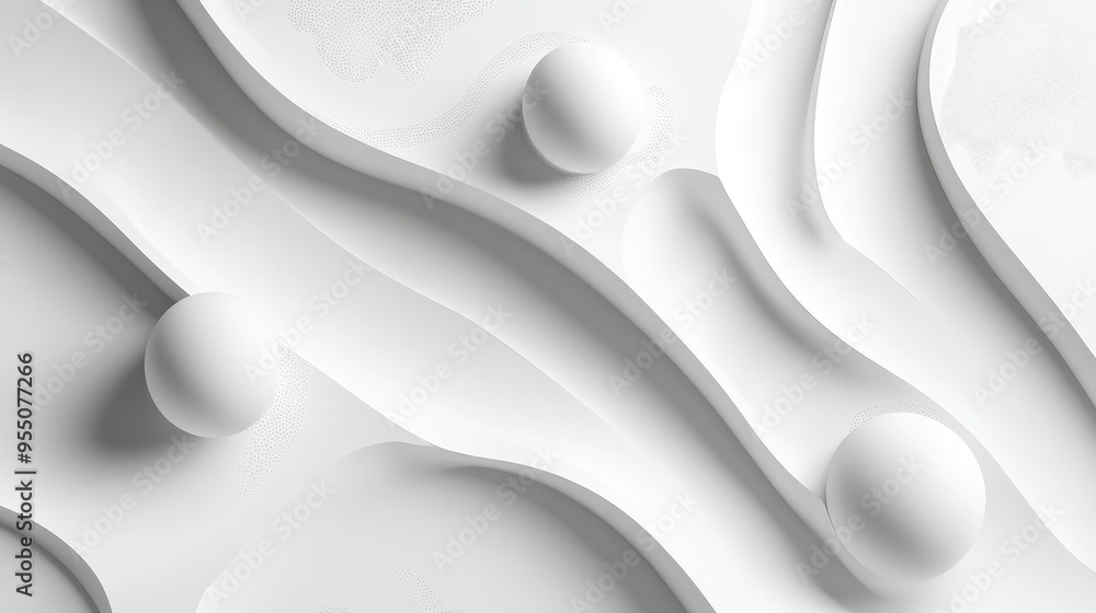 Poster abstract white background with a mix of geometric shapes and flowing forms, creating balance.