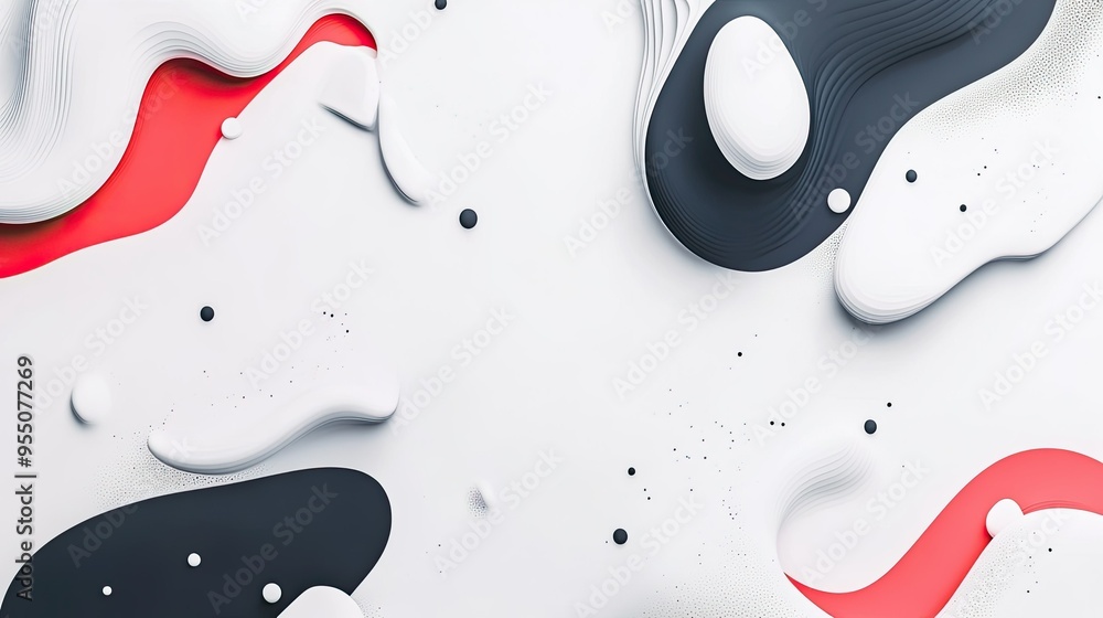 Poster abstract white background with a mix of geometric shapes and flowing forms, creating balance.