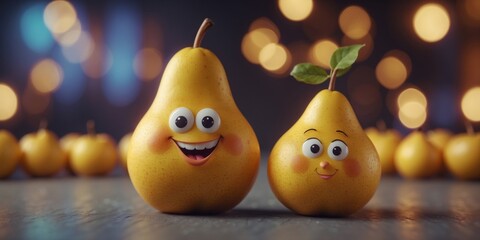 Cheerful animated yellow pear with a smile on its face.