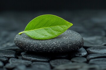 A minimalist image of a single vivid green leaf resting on a smooth, black stone in a Zen garden.