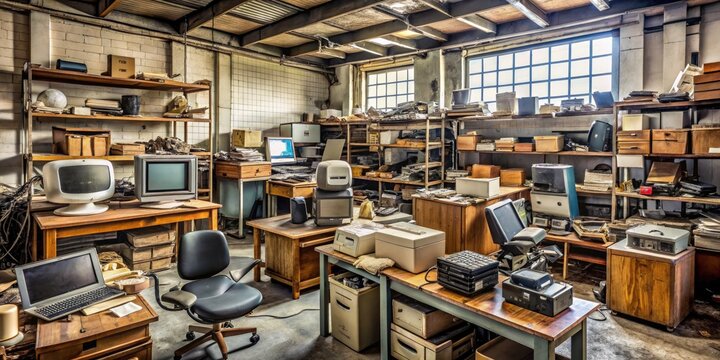 Cluttered storeroom filled with discarded office equipment, worn furniture, and outdated technology, revealing a nostalgic glimpse into the past workspace era.