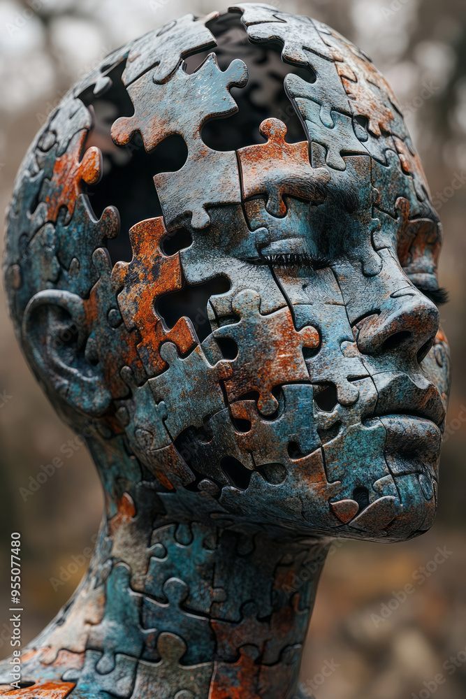 Poster a head made of puzzle pieces with the top opening up and the pieces floating away to form abstract s