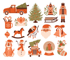 Merry Christmas. Happy New Year. Big collection of cosy cliparts. Pickup truck with fir tree, nutcracker, santa, snow globe, tiger, bullfinch, rocking horse, bell, vintage car, snowman, holly berries.