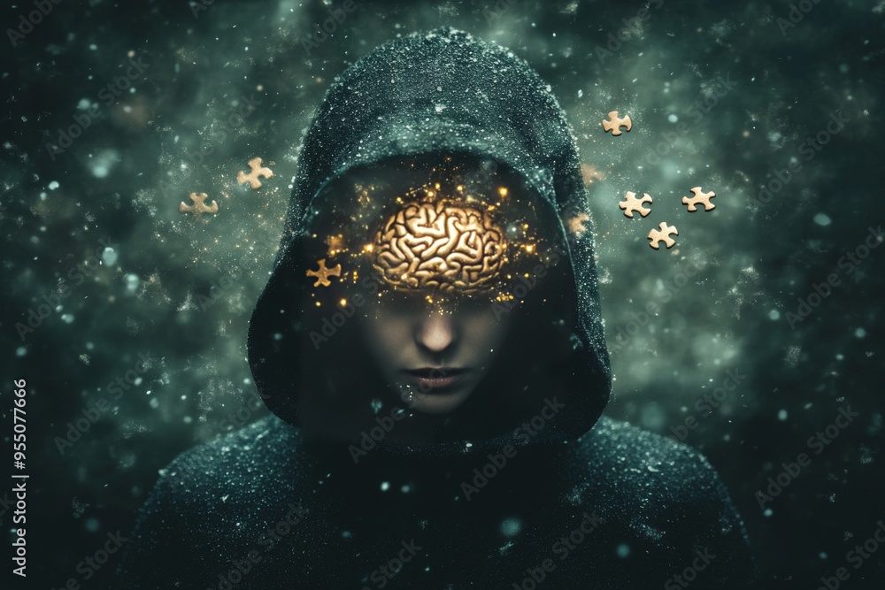 Poster emotional contagion brain circuit hooded figure surrounded by puzzle pieces in a dark environment sy