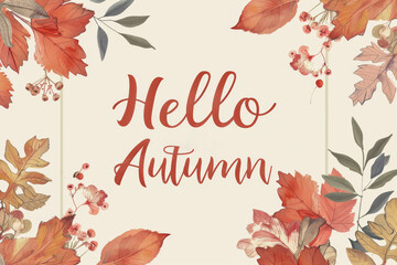 Autumn leaves with berries and hello autumn text on beige background