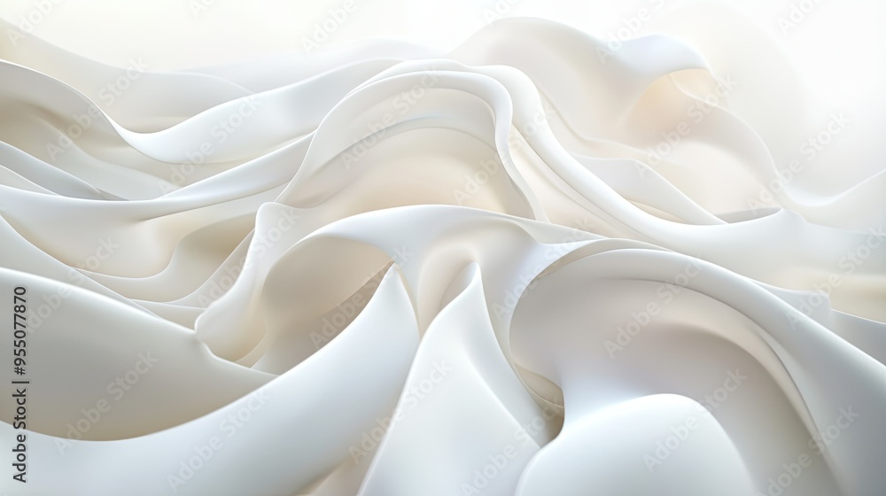 Poster abstract white background with soft curves and flowing forms, creating a sense of fluidity.
