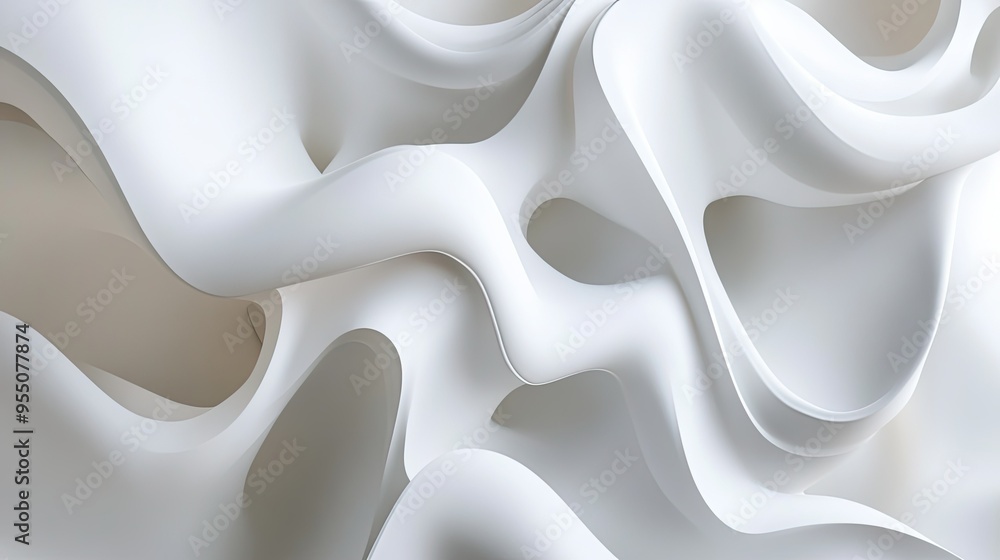 Poster abstract white background with soft curves and flowing forms, creating a sense of fluidity.