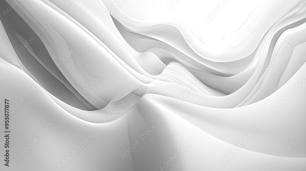 Poster abstract white background with soft curves and flowing forms, creating a sense of fluidity.