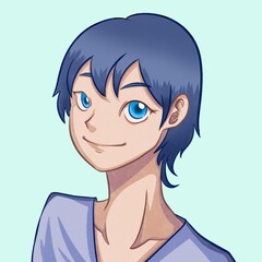 Japanese anime or manga styled young teen boy illustration avatar portrait isolated on square blue background.