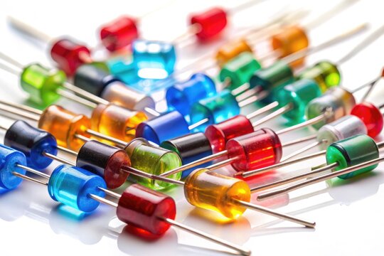 Colorful assortment of various diodes with different voltage and current ratings, laid out on a white background, with shadows and soft focus, isolated.