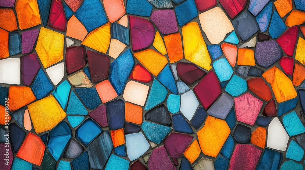 Poster abstract mosaic tile pattern with vibrant colors and varying shapes, perfect for a lively and artist