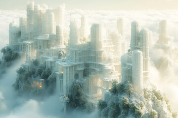 A 3D rendering of a futuristic landscape where buildings and trees are constructed from AI code and algorithms, glowing in soft blues and greens, isolated on a pastel beige background,