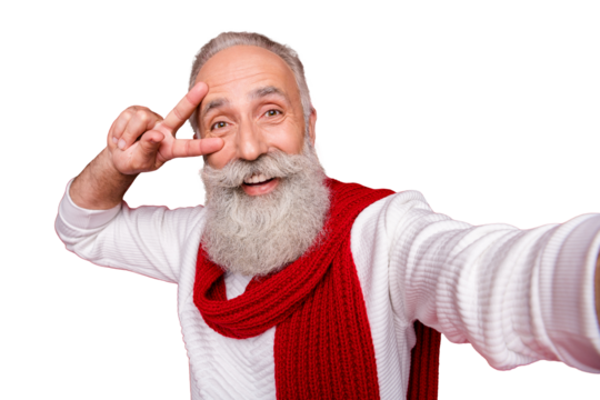 Self-portrait of his he nice attractive glad optimistic positive cheerful cheery gray-haired man grandpa showing v-sign party isolated over bright vivid shine red background