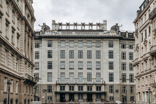 Vienna, Austria - August 6, 2024: Osterreichische Postsparkasse (PSK) building, it was a postal savings bank in Austria. It was owned by the Austrian Post Office and thus by the government.