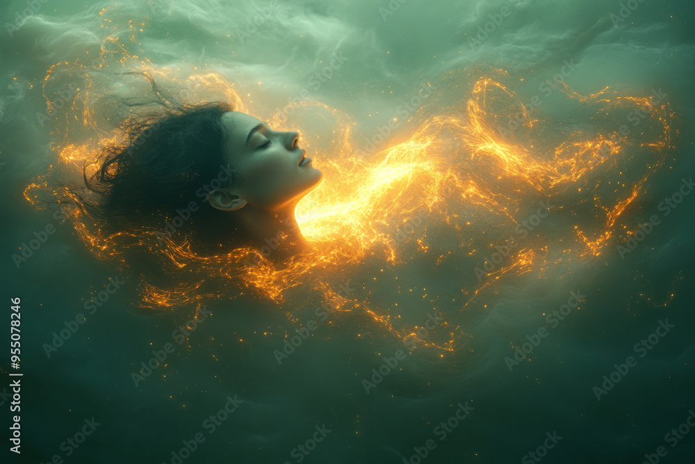 Poster a person floating in a digital cloud of ai-generated ideas and possibilities, with glowing particles
