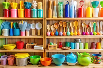 Colorful display of baking utensils and tools including whisks, spatulas, measuring cups, and bakeware on wooden shelves in a cozy baking supply shop.