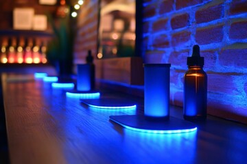 Illuminated Display of Glass Bottles and Cylinders on a Wooden Surface
