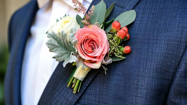 Groom's elegant bout at a beautiful outdoor wedding during sunset celebration