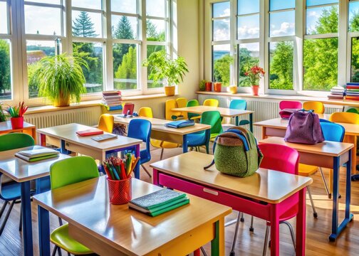 Colorful desks arranged in rows, filled with open textbooks, pencils, and backpacks, surrounded by vibrant classroom decorations and natural light pouring through large windows.