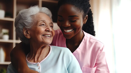 Happy face, nurse and elderly patient in nursing home for healthcare and volunteering on sofa. Clinic caregiver, portrait and hugging of elderly woman with trust and medical support on sofa.