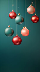 Christmas red and green matte ornaments on teal green background with copy space