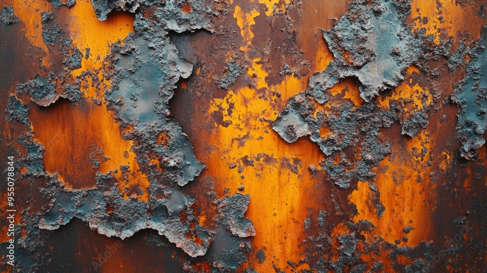 Poster abstract rust patterns on an old steel panel, showcasing intricate textures and aged details