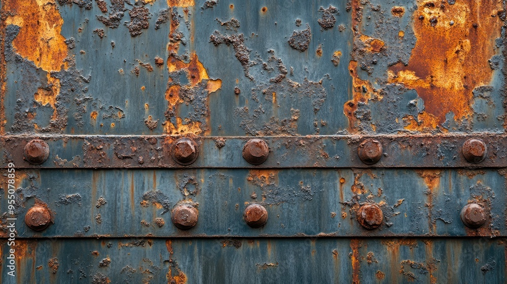 Poster abstract rust patterns on an old steel panel, showcasing intricate textures and aged details